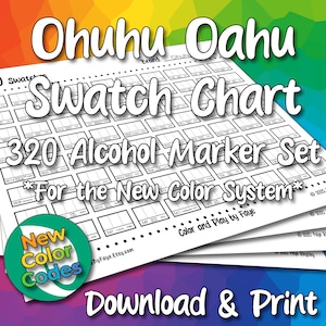 Puede incluir: Una pila de hojas blancas con muestras de color para rotuladores de alcohol Ohuhu Oahu 320. Los gráficos tienen una cuadrícula de muestras de color y el texto "Swatch Chart" y "320 Alcohol Marker Set". La imagen también incluye el texto "For the New Color System".