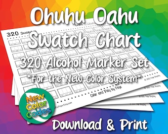 Nya siffror Ohuhu Oahu 320 färgprovsdiagram för mejselpennalkoholpenna | Gör-det-själv utskrivbar PDF-färgkarta för färgprovsida | US Letter och A4