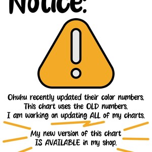 May include: A white background with the word "Notice:" in black script. An orange triangle with a black outline and an exclamation point is in the center. Text below states the chart uses old color numbers and a new version is available.