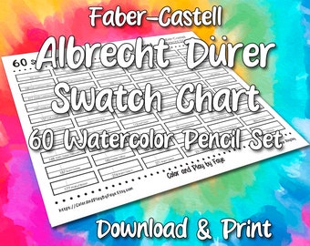 May include: A black and white printable swatch chart for 60 Faber-Castell Albrecht Dürer watercolor pencils. The chart includes the number and name of each pencil. The text "60 Watercolor Pencil Set" and "Download & Print" are also included.