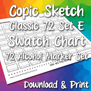 Copic Sketch 72 Swatch Chart for Set E Brush Tip Alcohol Marker Set | DIY Printable PDF Color Chart Swatch Page | US Letter & A4 Size Paper