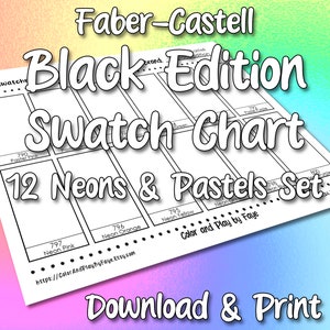 Tabla de muestras de 12 lápices de colores Faber Castell Black Edition para neones pastel (¡incluye nombres!) / Página de tabla de colores en PDF para armar / Papel tamaño A4 y EE. UU.