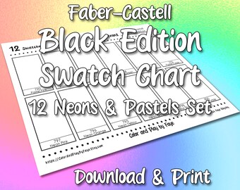 Faber Castell Black Edition 12 Swatch Chart for Pastel Neons Colored Pencil Set (includes Names!) | DIY PDF Color Chart Page | US & A4 Paper