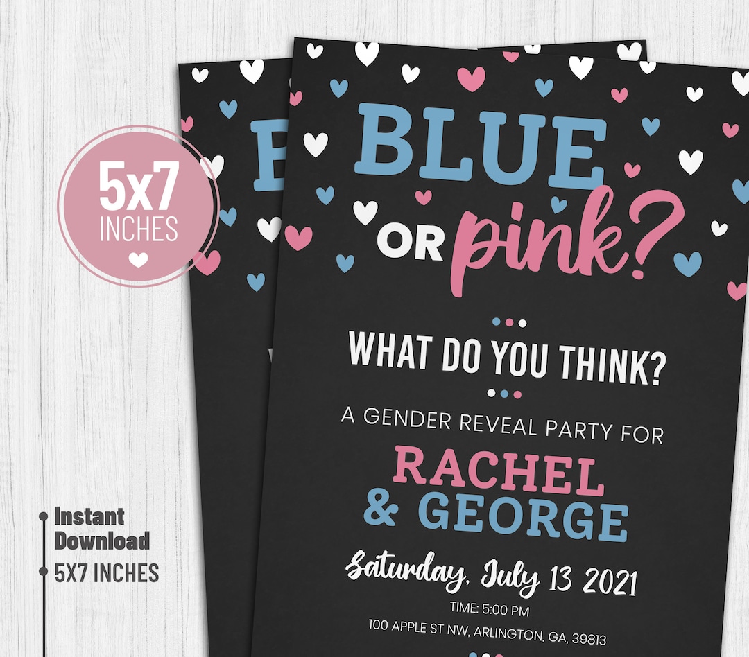 Gender Reveal Party Einladung. Blaue oder rosa Party druckbar. Junge oder Mädchen. Blau oder