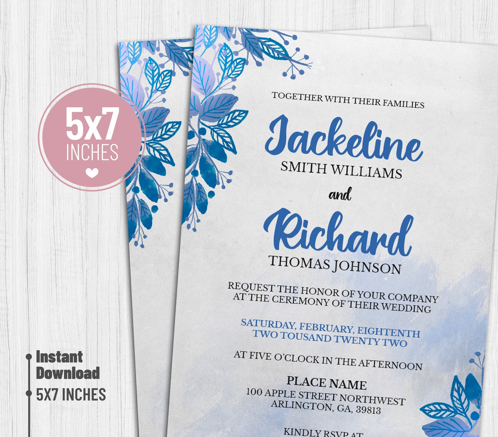 Blue Floral Wedding invitation. Blue Themed Wedding. 5x7 Etsy