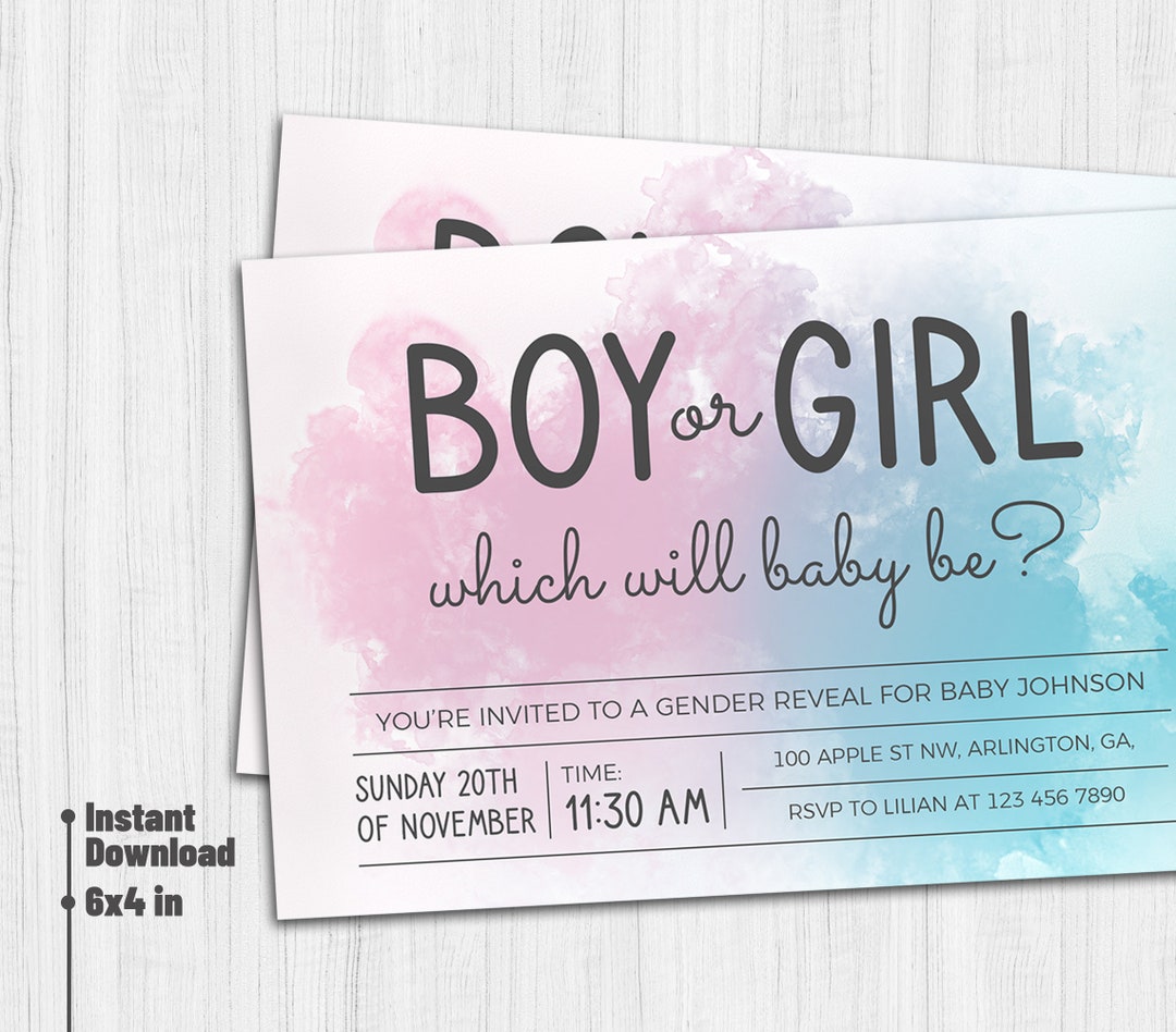 Gender Reveal Party Einladung. Blau. Rosa. Junge oder Mädchen Einladung. Aquarell Gender Reveal
