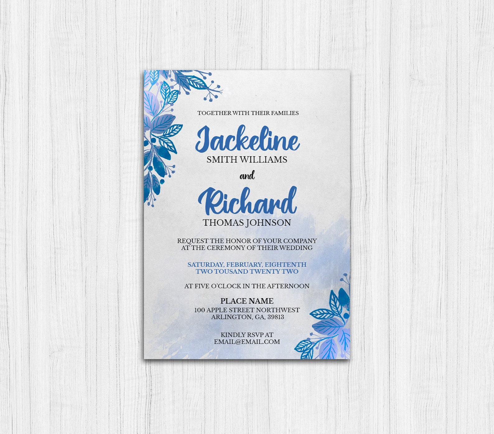 Blue Floral Wedding invitation. Blue Themed Wedding. 5x7 Etsy Blue Floral Wedding invitation. Blue Themed Wedding. 5x7 Etsy