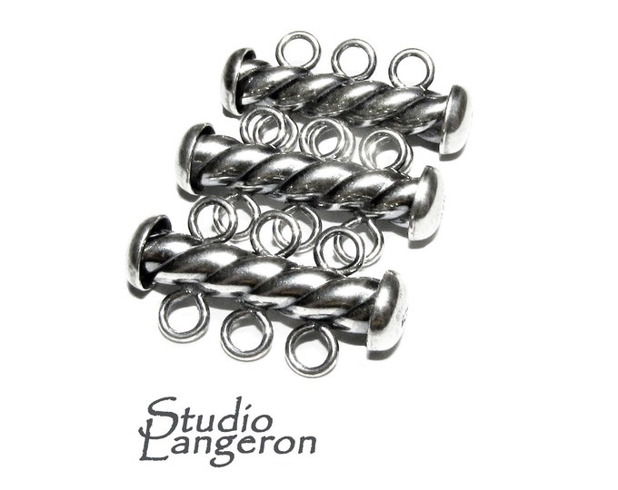 925 Sterling Silver Oxidized Twisted Tube Bar Clasp 3-Hole size 4.3x22 mm, Silver Clasps, Slide Clasps, Jewelry making, Tube clasp - 1 piece