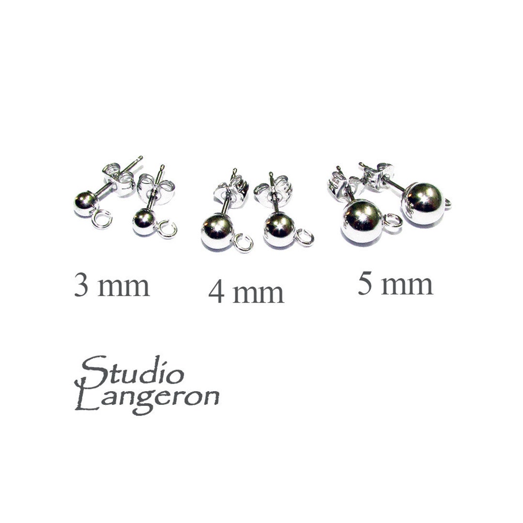 14K Solid White Gold Ball Post Earrings Size 3, 4, 5 Mm With Open Ring