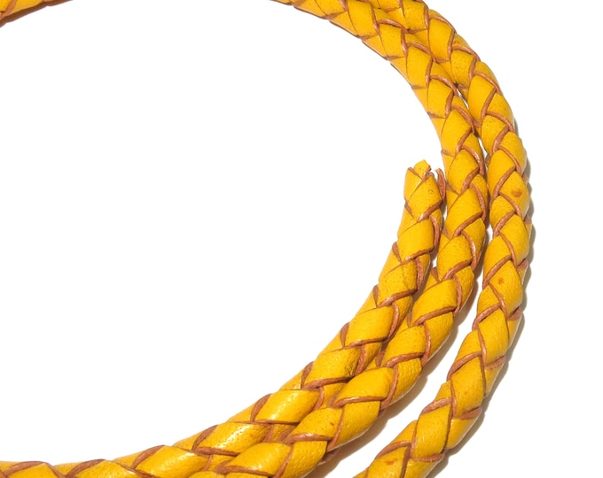 4.0 mm Yellow color braided natural leather cord, Leather cord, braided leather cord, Natural leather, Jewelry making - 50 cm (1.7 Ft)