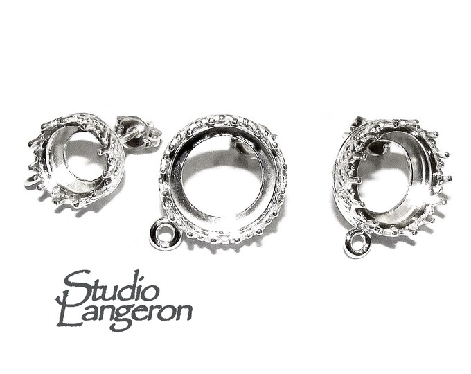 925 Sterling Silver Base earrings size 8, 10, 12 mm with closed ring, Bezel cup, Post Earring Mountings, Langeron - 1 pair (2 pieces)
