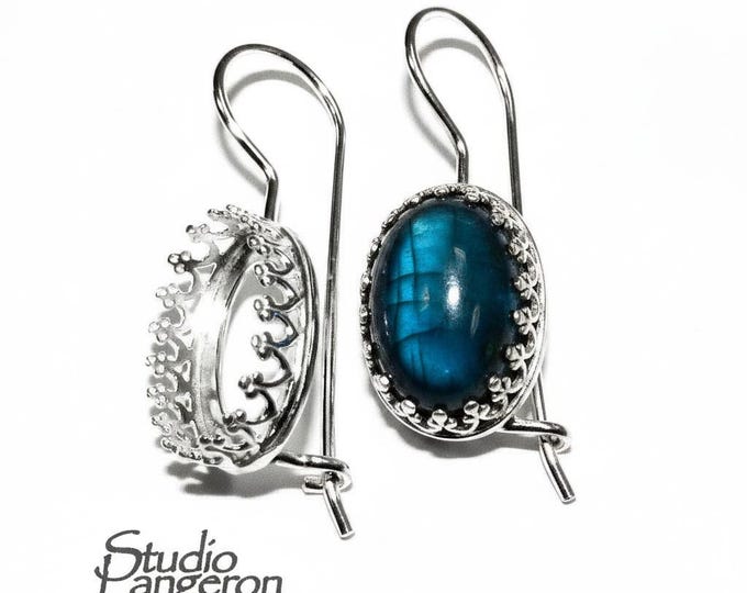 925 sterling silver blank earrings with oval bezel cup size 6x8-13x18 mm, model 1023, Jewelry making, Setting, bezel cup - 1 pair (2 pieces)
