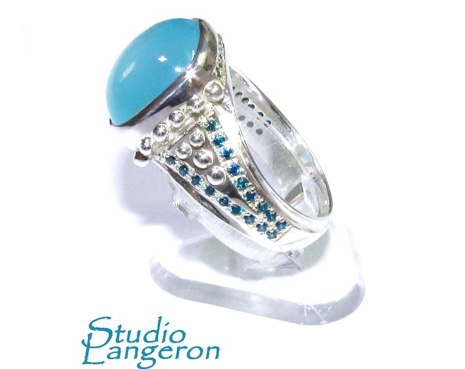 Statement Chalcedony ring 925 sterling silver size 7 1/2, Handmade ring, single copy, 925 sterling silver, Natural Aqua chalcedony, gemstone