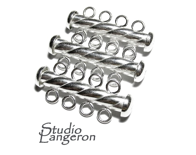 925 Sterling Silver Twisted Tube Bar Clasp 4-Hole size 4.3x26 mm, Silver Clasps, Slide Clasps, Sterling silver, Jewelry making - 1 piece