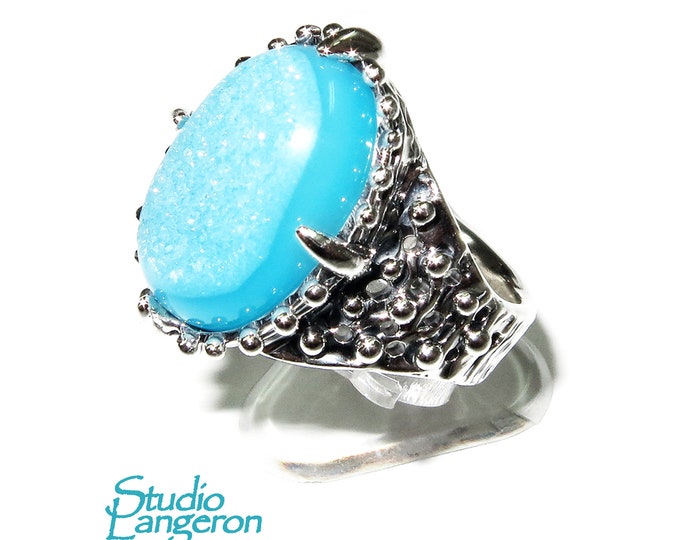 Druse agate ring 925 sterling silver size 8 1/2, Handmade ring, single copy, sterling silver, Druse agate, silver ring, Statement ring