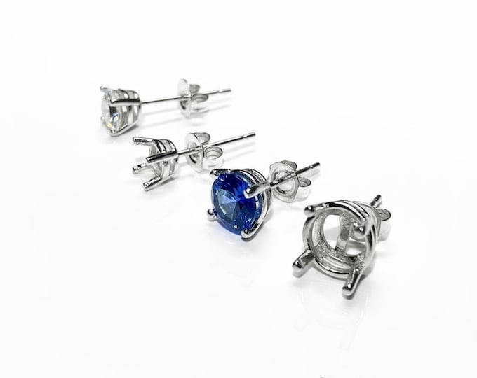 925 Sterling Silver Round blank earrings with 4-Prong Setting size 4, 5, 6, 7, 8mm, Earring Post, Jewelry making, Setting - 1 pair (2 piece)