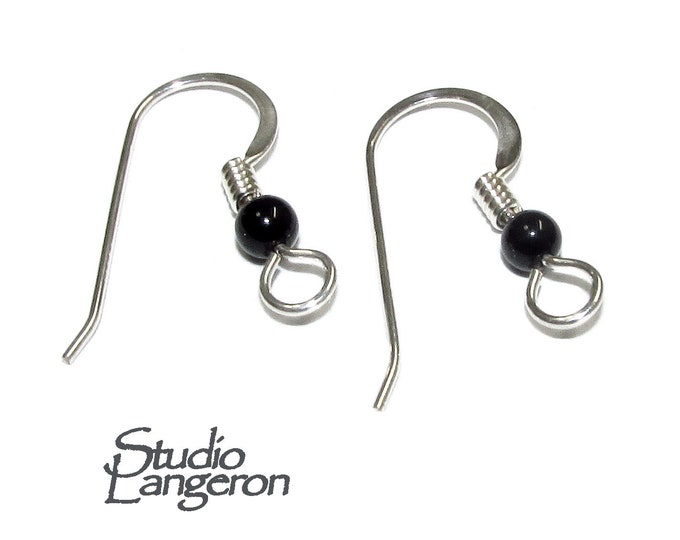 925 Sterling Silver Hammered Ear Wire with Loop, Onyx Bead and Coil, Silver earring, Jewelry making, Earring component - 1 pair (2 pieces)