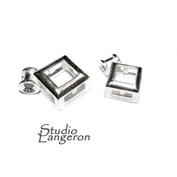 925 Sterling Silver square bezel cups with Cord Bail, Bezel cup, Setting, Jewelry making, Square bezel cups, Cord bail - 1 piece