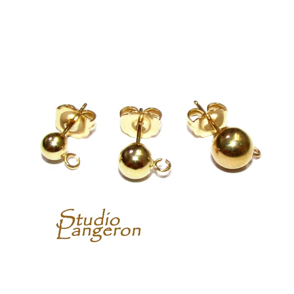 14K Solid gold Ball Post Earrings size 3, 4, 5, 6 mm with open ring, Jewelry making, Gold earrings ball post - 1 pair (2 pieces)