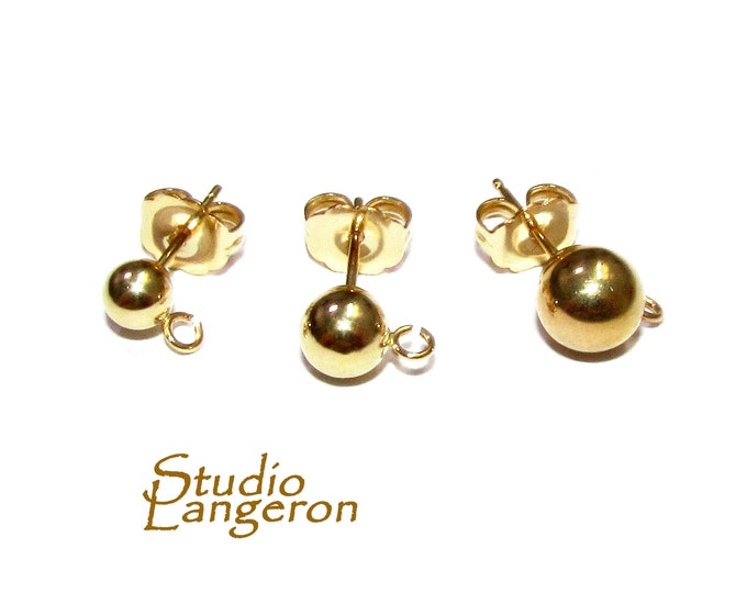 14K Solid gold Ball Post Earrings size 3, 4, 5, 6 mm with open ring, Jewelry making, Gold earrings ball post - 1 pair (2 pieces)
