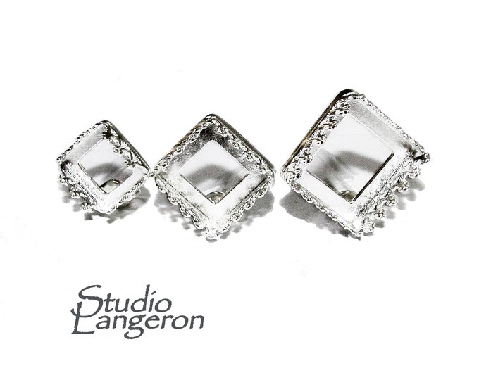 925 Sterling Silver Blank earrings size 8x8, 10x10, 12x12 mm, square Bezel cup, Jewelry making, Setting, Base Earrings - 1 pair (2 pieces)