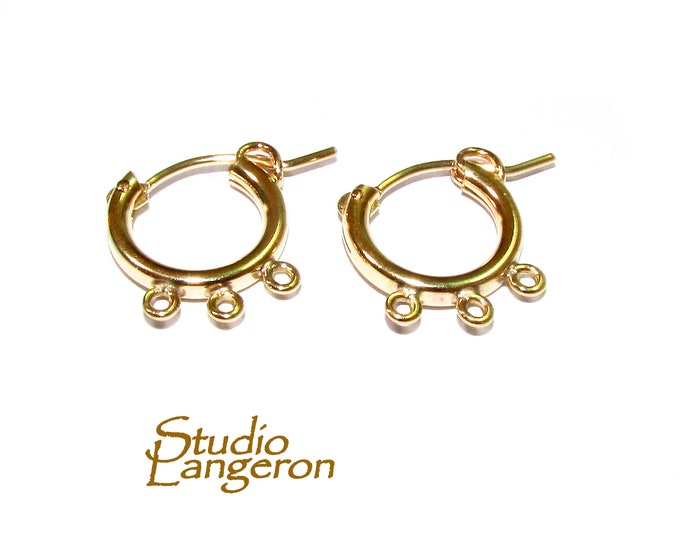 14K Gold filled 2.5 mm Tubing 13 mm Hoop Earrings with three loops, Earring Hoop, Gold filled earrings, Jewelry making - 1 pair (2 pieces)