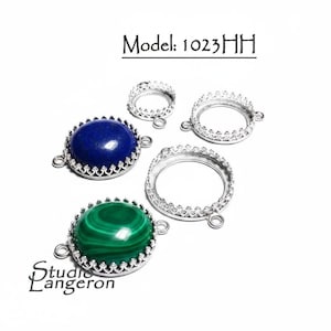 May include: Jewelry components featuring a deep blue lapis lazuli stone and a green malachite stone, each set in a silver-colored crown bezel. The image also shows several empty bezels. The text "Model: 1023HH" is visible.