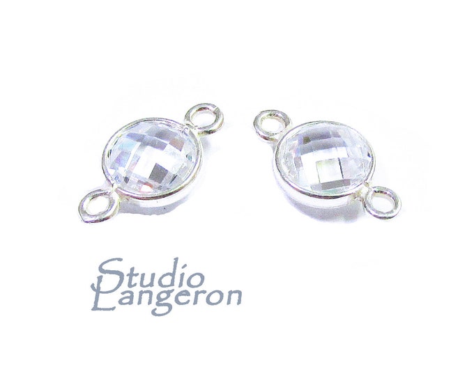 925 Sterling Silver Checkerboard white topaz Round Link Connector size 15x9 mm, white topaz link connector, Jewelry making - 1 piece