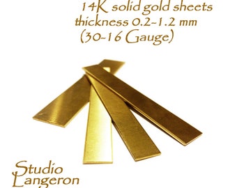 May include: Four 14K solid gold sheets in various sizes, stacked on a white background. The sheets are 0.2-1.2 mm thick (30-16 Gauge).