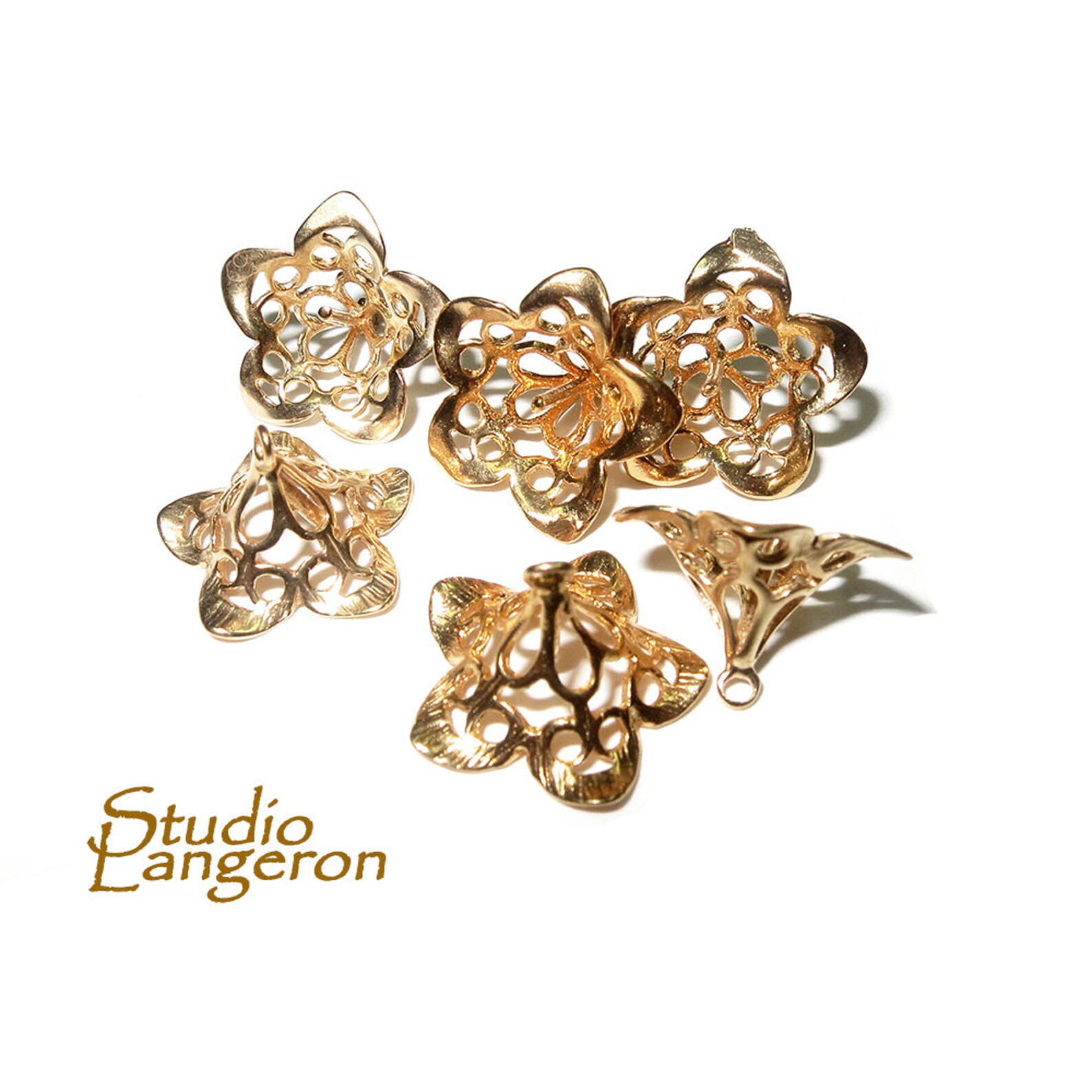 14K Gold Filled Decorative Bead Caps With Pin Gold Filled Etsy