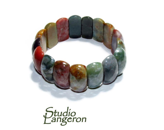 Natural Stone Indian Agate Square Beads Bracelets, Faceted Rectangle Strand Bangle For Men, Women, Gemstone, Jewelry Gifts, Indian Agate