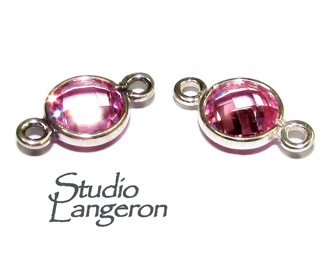 925 Sterling Silver Checkerboard Pink Topaz Round Link Connector size 12x7 mm, Pink Topaz silver link, Jewelry link connector - 1 piece