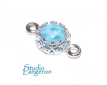 925 Sterling Silver natural Larimar round Link Connector size 14x7 mm, Natural Larimar silver link, Jewelry making, Connector - 1 piece