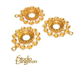 May include: Three gold-colored metal jewelry findings with a circular center and a decorative outer edge. Each finding has a small loop for attaching to other components. The Studio Langeron logo is at the bottom.