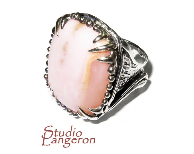 Statement Natural Peruvian pink opal ring 925 sterling silver size 8, Handmade ring, single copy, sterling silver, Pink opal, silver ring