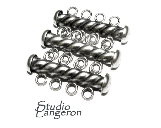 925 Sterling Silver Oxidized Twisted Tube Bar Clasp 4-Hole size 4.3x26 mm, Silver Clasps, Slide Clasps, Jewelry making, Tube clasp - 1 piece