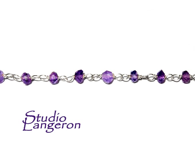 925 Sterling Silver Chain with amethysts, silver shiny chain, Jewelry making, Natural amethyst, Chain with amethysts - 1 Ft (30 cm)