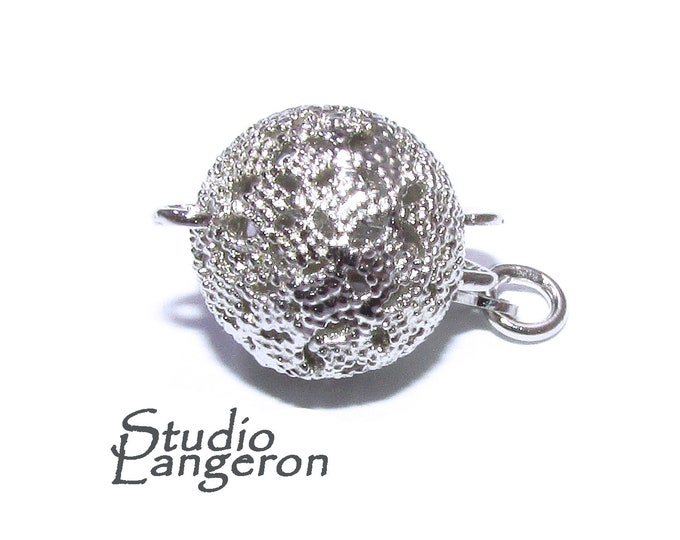 925 Sterling Silver Rhodium-Plated Round Filigree Safety Clasp size 10 mm, Silver bead clasp, Jewelry making, 925 Sterling silver - 1 piece