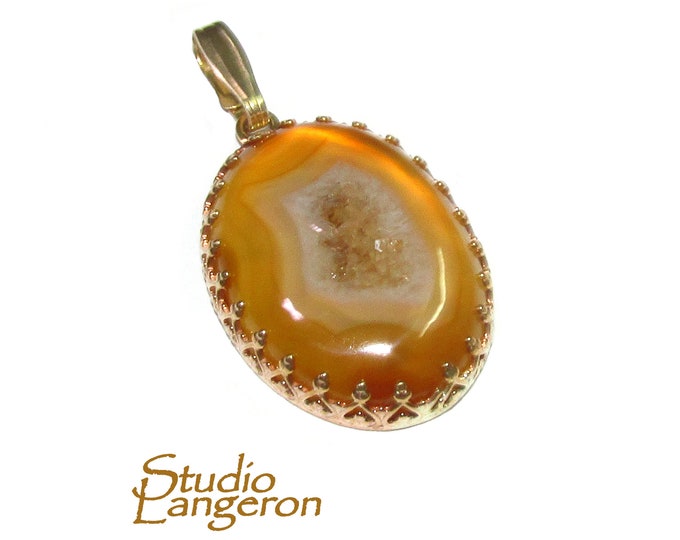 Druze agate brown pendant 14K Yellow gold filled size 2.5x1.8 cm, Handmade pendant, Large pendant, Natural Agate brown, Pendant gold filled
