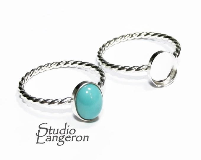 925 sterling silver twisted blank ring with bezel cup 6x8 mm size 4, 5, 6, 7, 8, 9, 10, 11, bezel cup, base ring, Jewelry making - 1 piece