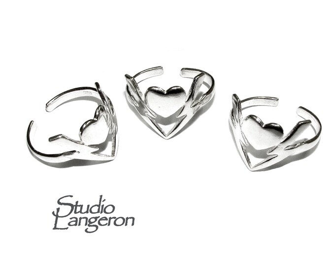 925 sterling silver open ring with heart and lightning, silver ring, blank ring, sterling silver, Valentine's Day, Jewelry making - 1 piece