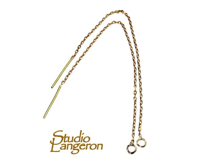 14K Yellow Solid Gold Cable Chain Ear Thread with ring, Earrings components, Earrings gold, Jewelry making, 14K Gold - 1 pair (2 pieces)