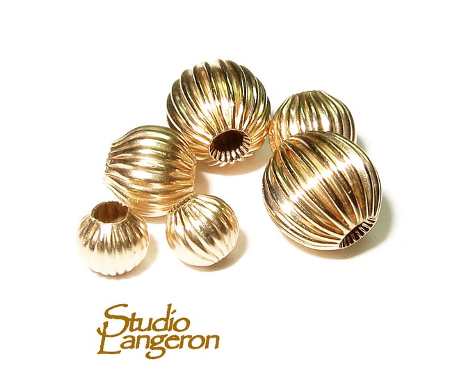 14K solid gold corrugated round beads size 3.0-13.0 mm, round gold beads, Jewelry making, solid gold beads, 14K solid gold - 1 piece