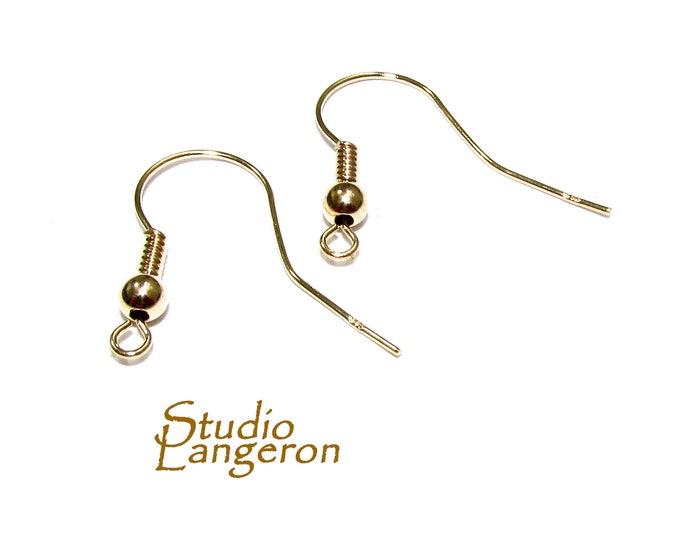 14K Yellow Solid Gold Ear Wire with Coil and bead, Solid gold earrings, Jewelry making, 14K gold, Earring components - 1 pair (2 pieces)