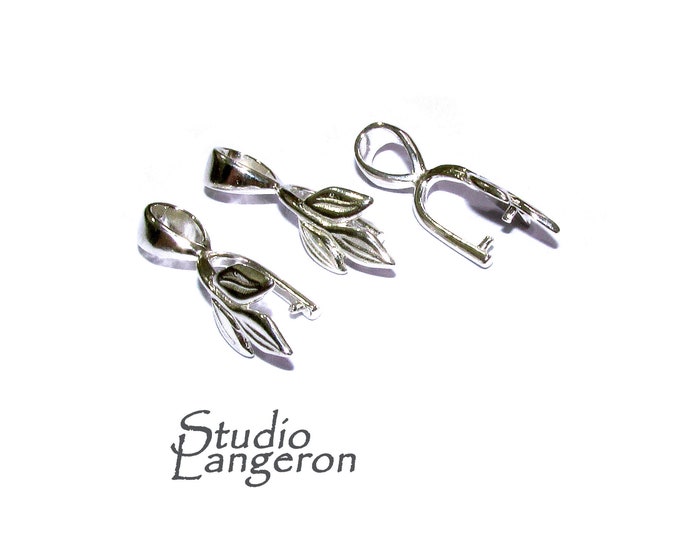925 Sterling silver Triple leaf Pinch Large Pendant Bail with Ring, Silver Bail, Bail findings, Jewelry making, bail for pendant - 1 piece
