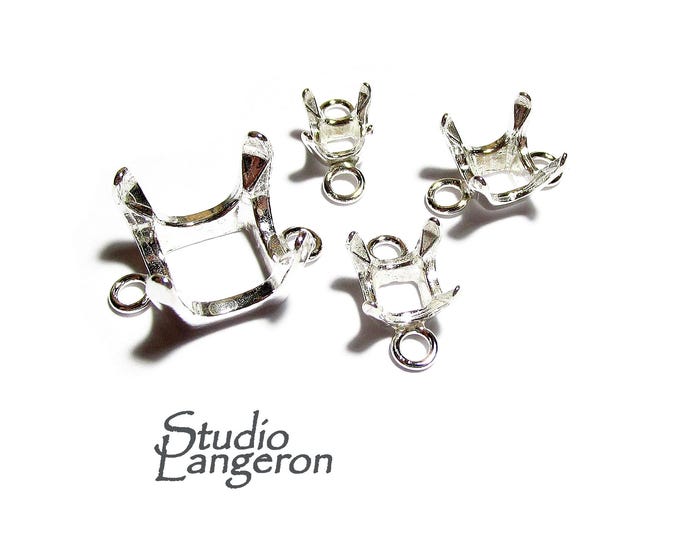 925 Sterling Silver Cushion 4-Prong Settings with 2 loops, Silver Cushion setting, Cushion setting, Prong Settings, Jewelry making - 1 piece