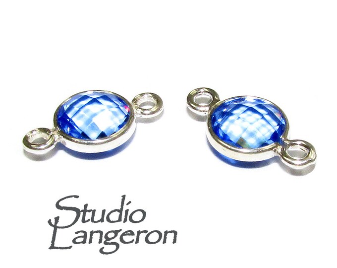 925 Sterling Silver Checkerboard Blue topaz Round Link Connector size 12x7 mm, Blue topaz silver link, Jewelry making, Connector - 1 piece