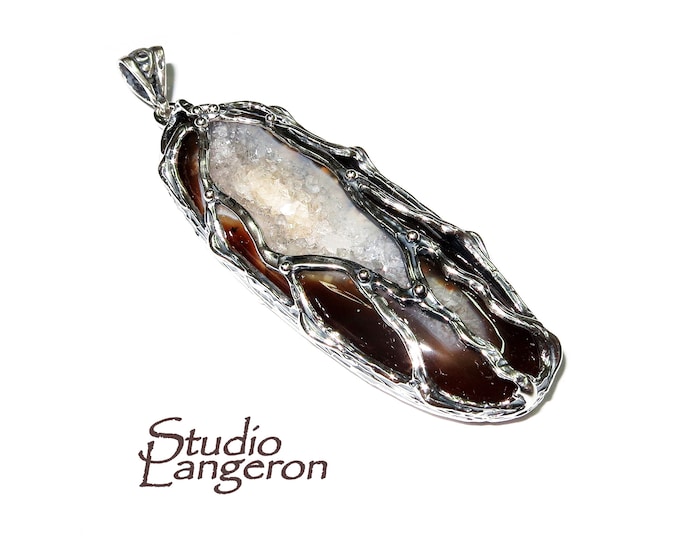 Druze agate brown pendant 925 sterling silver size 5.7x2.6 cm, handmade pendant, single copy, Druse Agate, Silver pendant, Brown, Gemstone