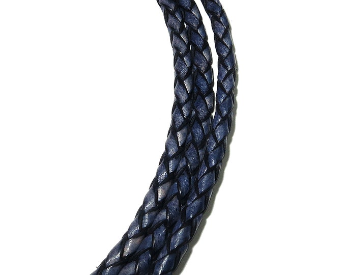 3.0mm Natural blue silver braided leather cord, Natural leather cord, Leather braided cord, Natural leather, Jewelry making - 50 cm (1.7 Ft)