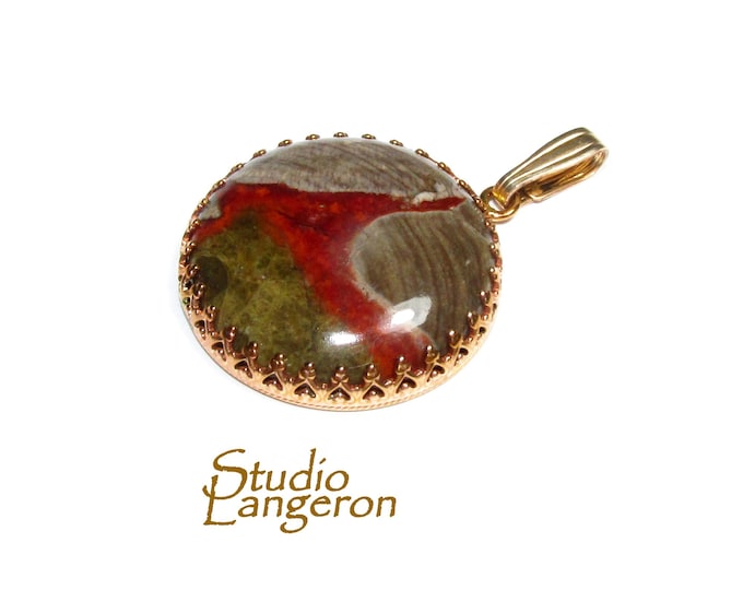 Unakite pendant 14K Yellow gold filled size 2.4 cm, Handmade pendant, single copy, Natural unakite, Handmade pendant gold filled
